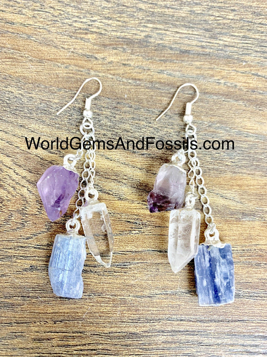 Amethyst Quartz Kyanite Three Point Earring