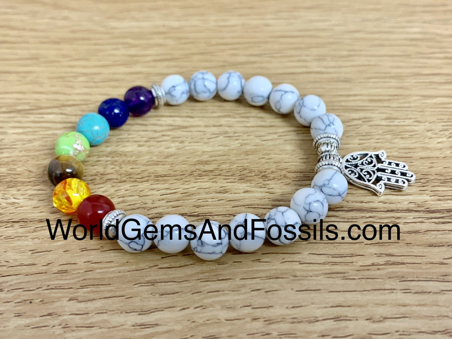 Chakra White Howlite Bracelet With Hamsa Hand Charm 8mm