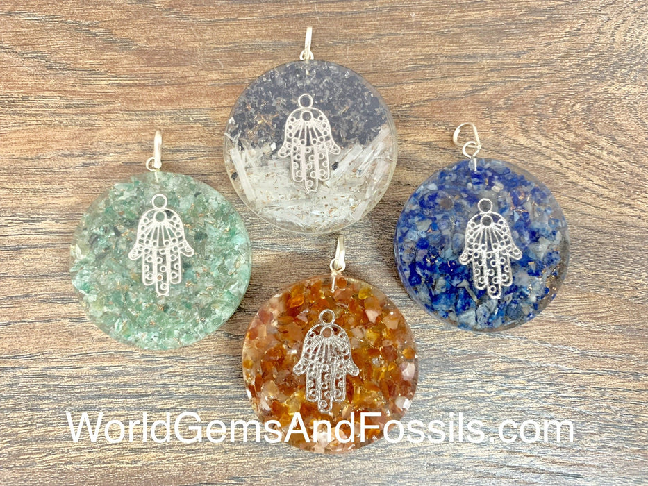 Gemstone Orgone Pendant With Hamsa Hand Round