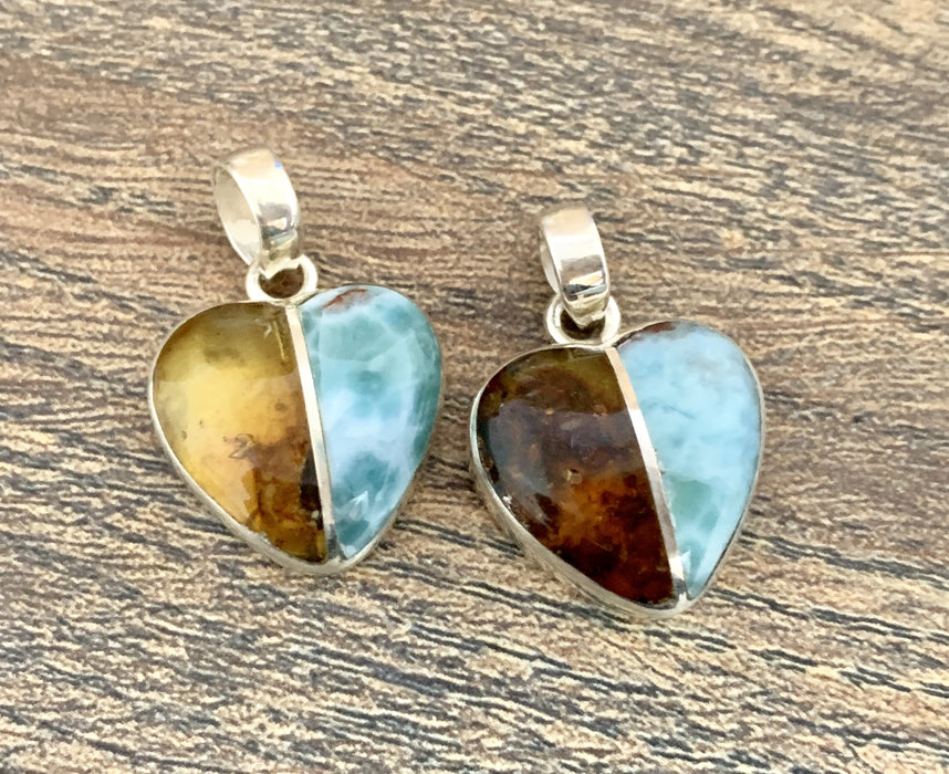 Larimar With Amber Heart Pendants