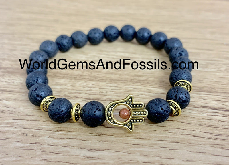 Lava Bracelet With Gold Plated Hamsa Hand 8mm
