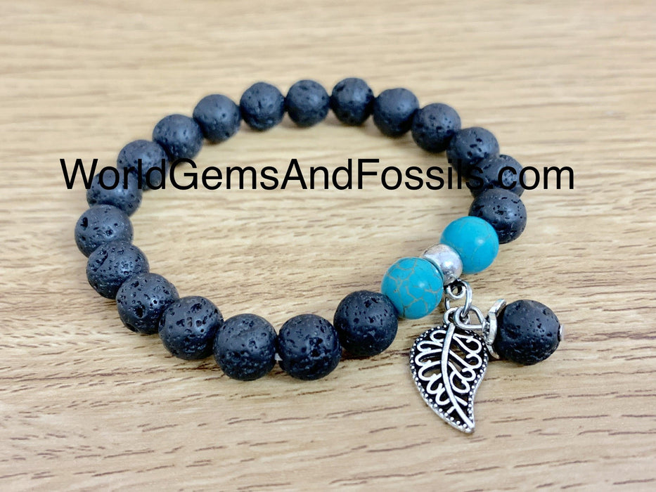 Lava Bracelet With Leaf Charm 8mm