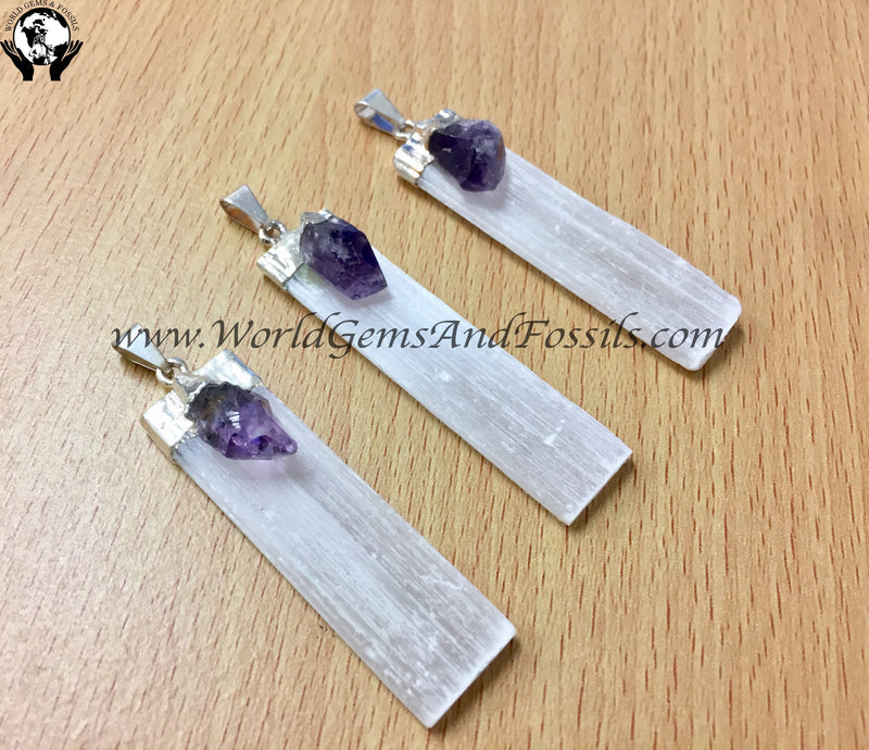 Selenite Blade With Amethyst Point pendant