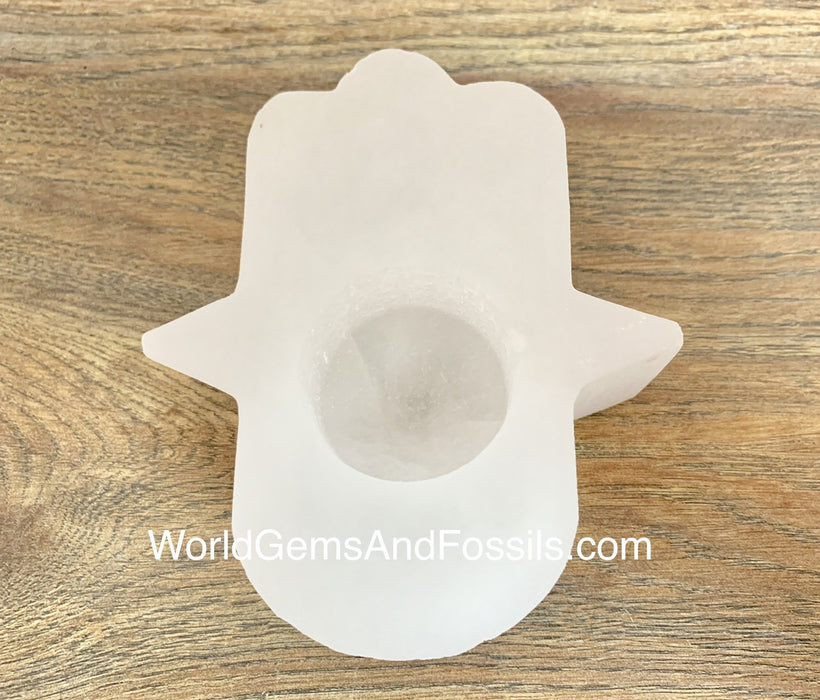 Selenite Candle Holder Hamsa Hand