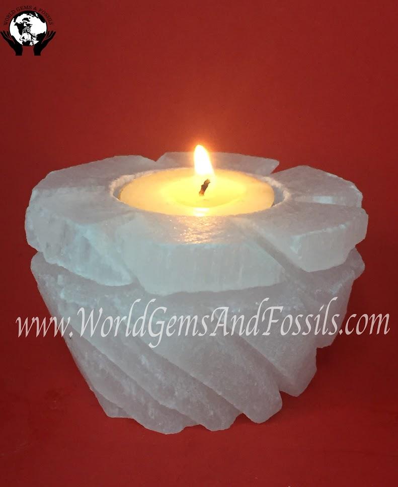 Selenite Swirl/Cut Candle Holder White