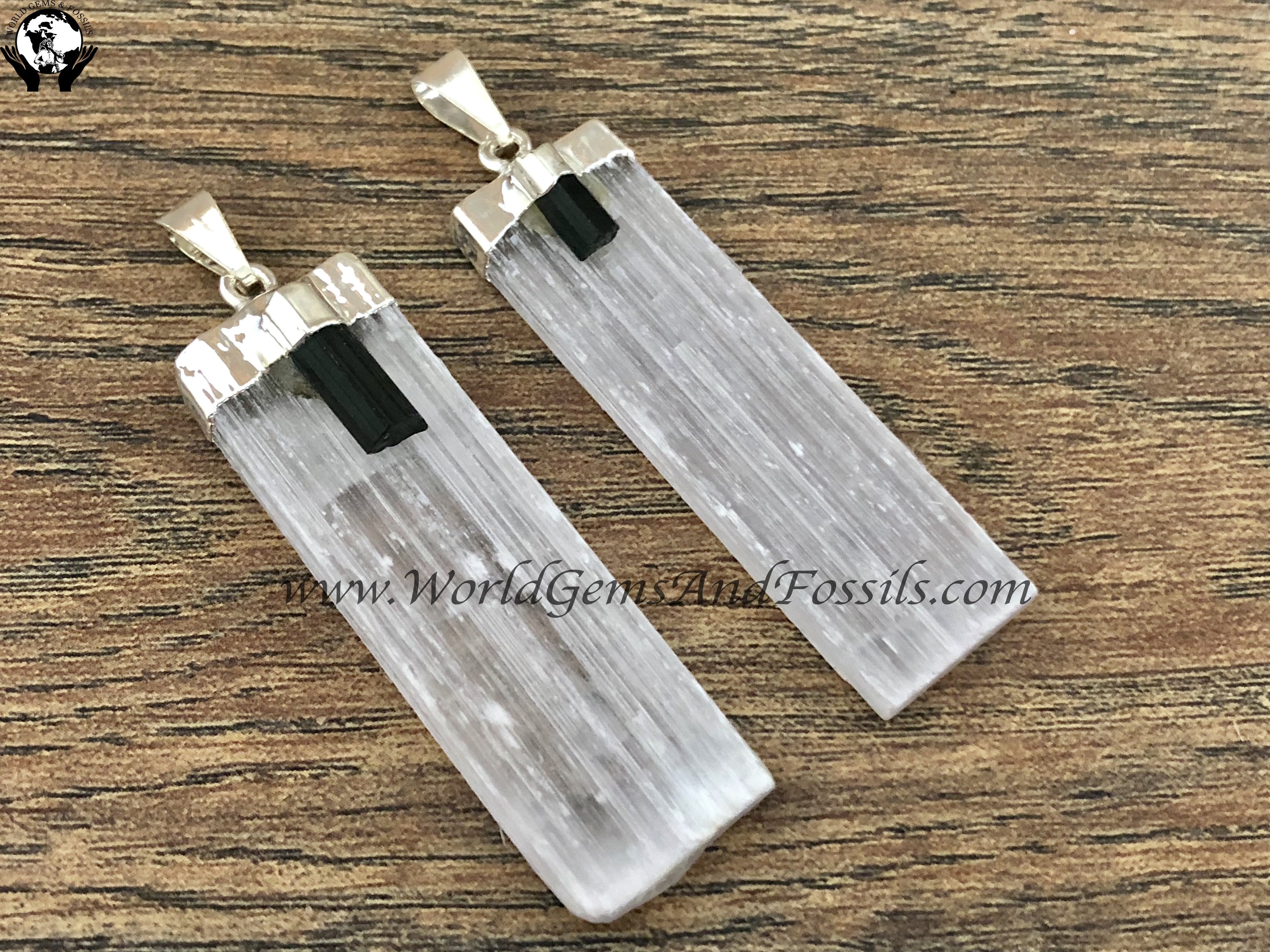 Selenite With Black Tourmaline Pendants